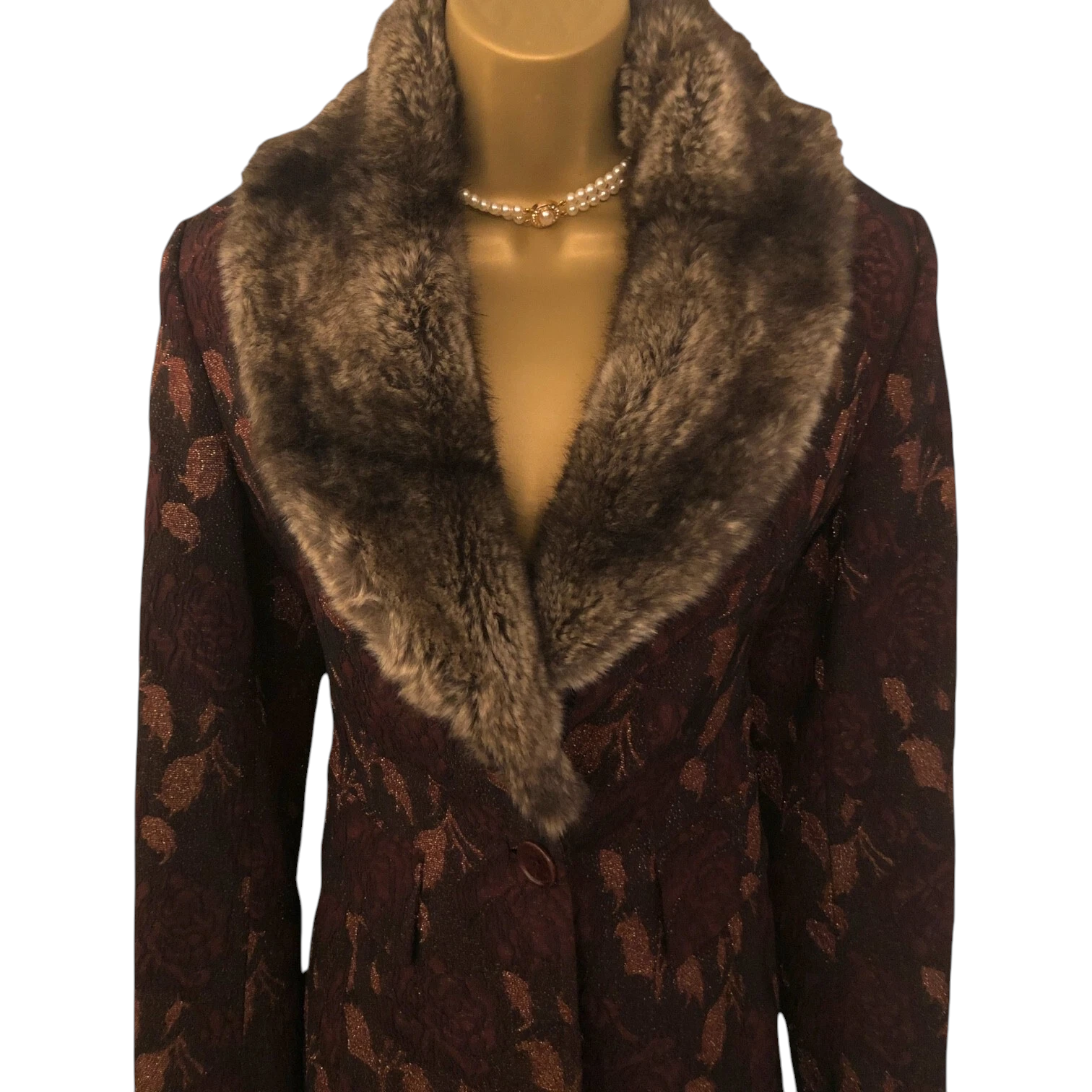 Karen Millen Vintage Floral Brocade Faux Fur Collar Coat UK 8