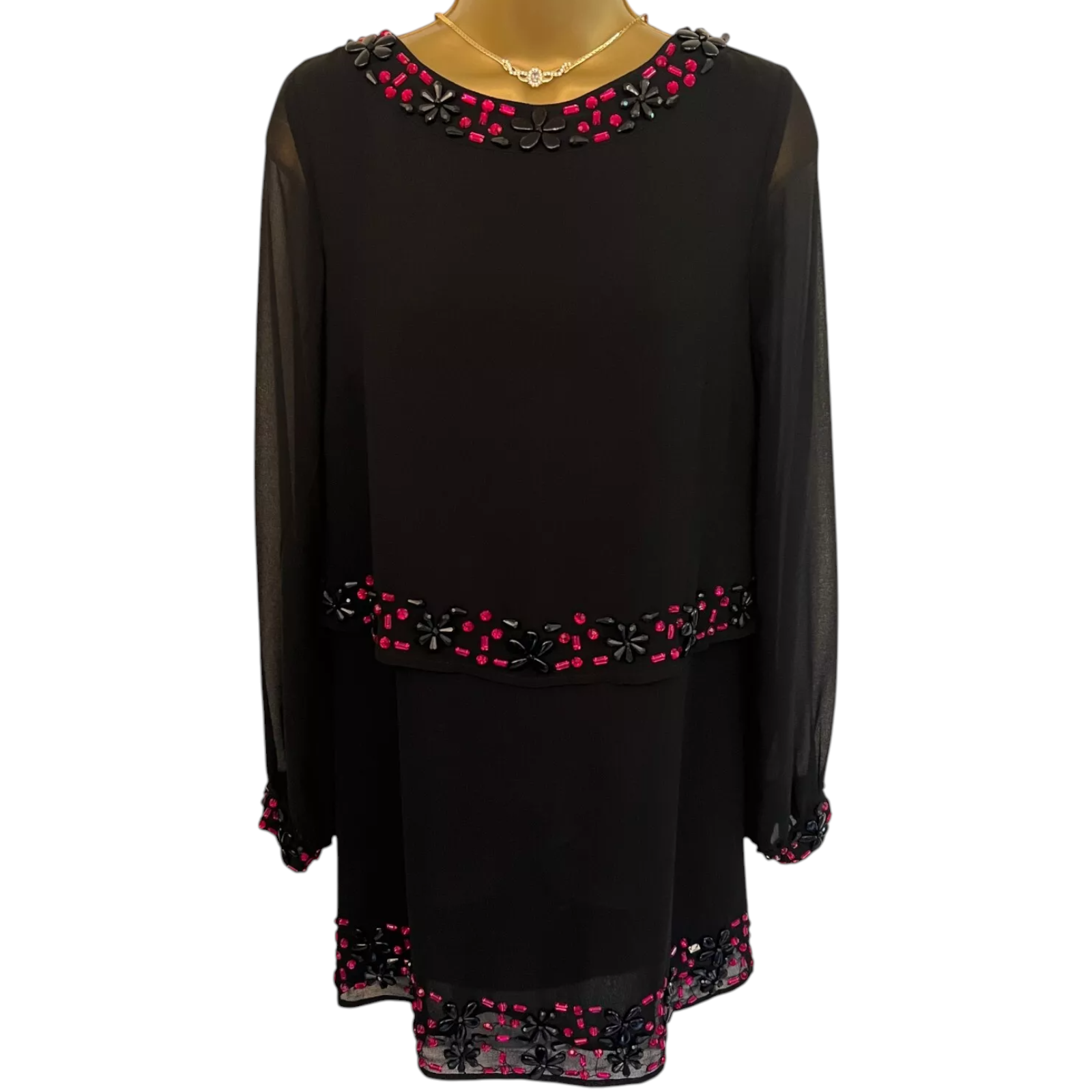 M&Co Black Chiffon Floral Gem Overlay Shift Long Sleeve Dress UK 8