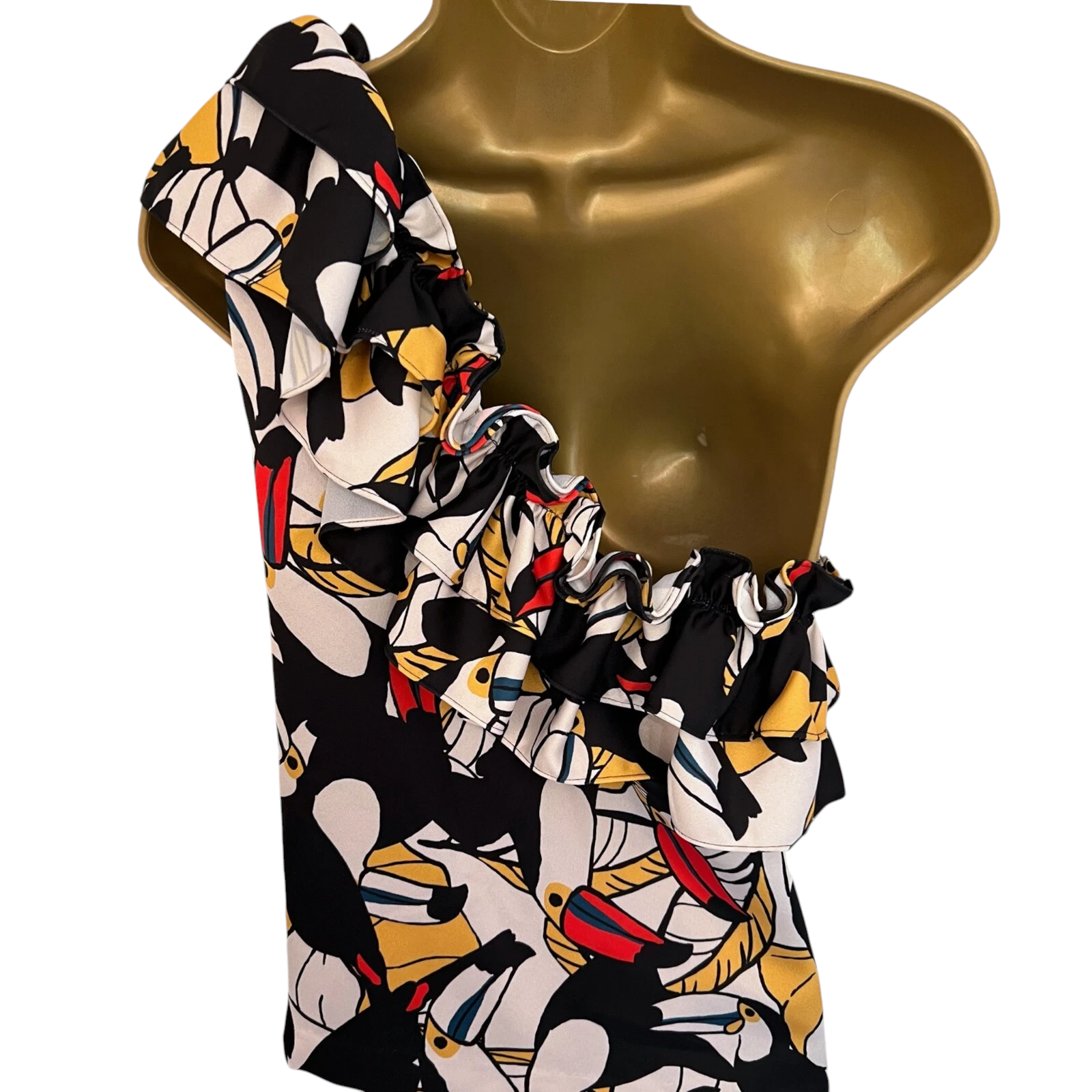 Issa Multicoloured Toucan One Shoulder Ruffle Top UK 12