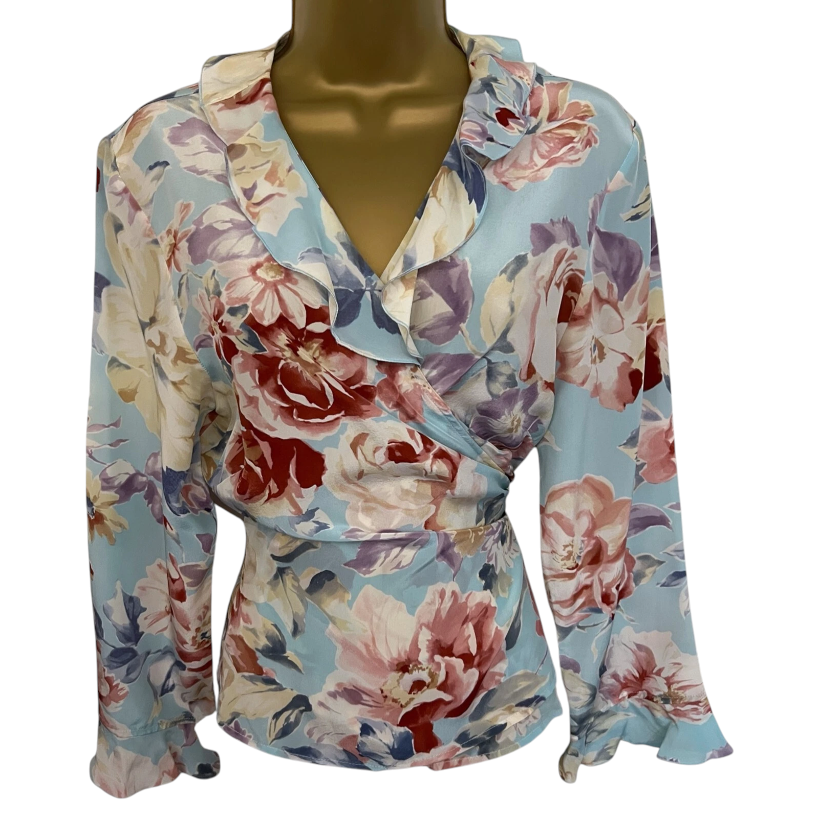 Gerard Darel Blue & Pink Floral Silk Wrap Blouse UK 16