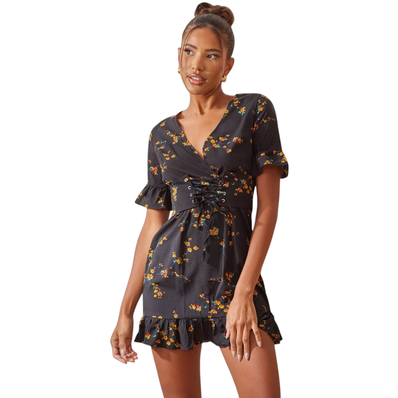 Pretty Little Thing Black Floral Corset Dress UK 8/10