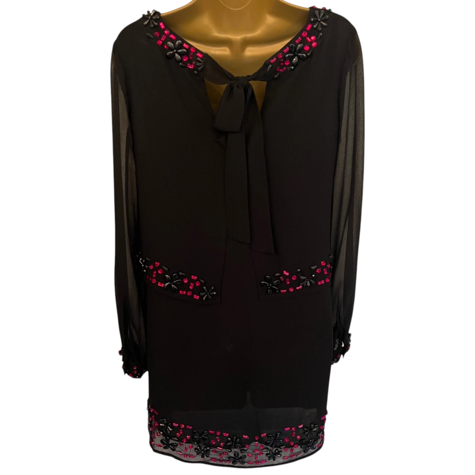 M&Co Black Chiffon Floral Gem Overlay Shift Long Sleeve Dress UK 8