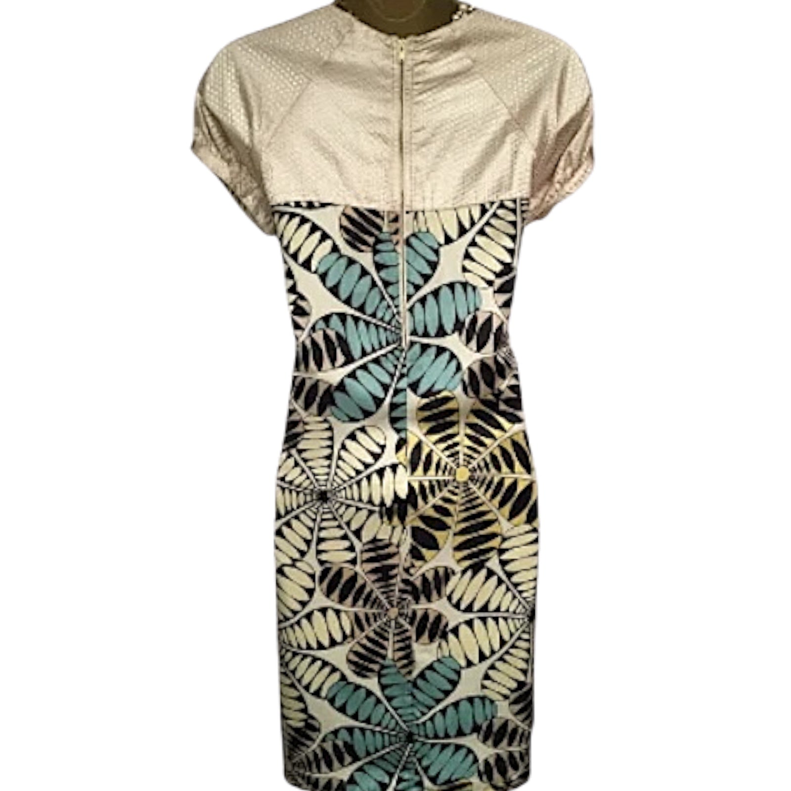 Amphora Cream Gold Black Yellow Green Silk Retro Style Dress UK 10