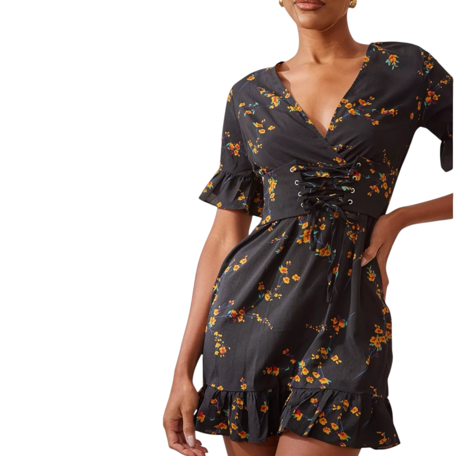 Pretty Little Thing Black Floral Corset Dress UK 8/10
