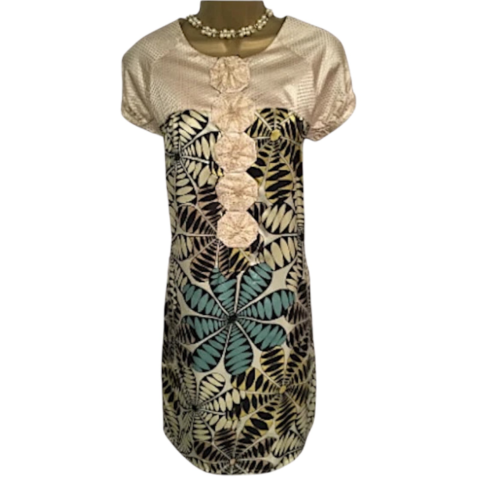 Amphora Cream Gold Black Yellow Green Silk Retro Style Dress UK 10