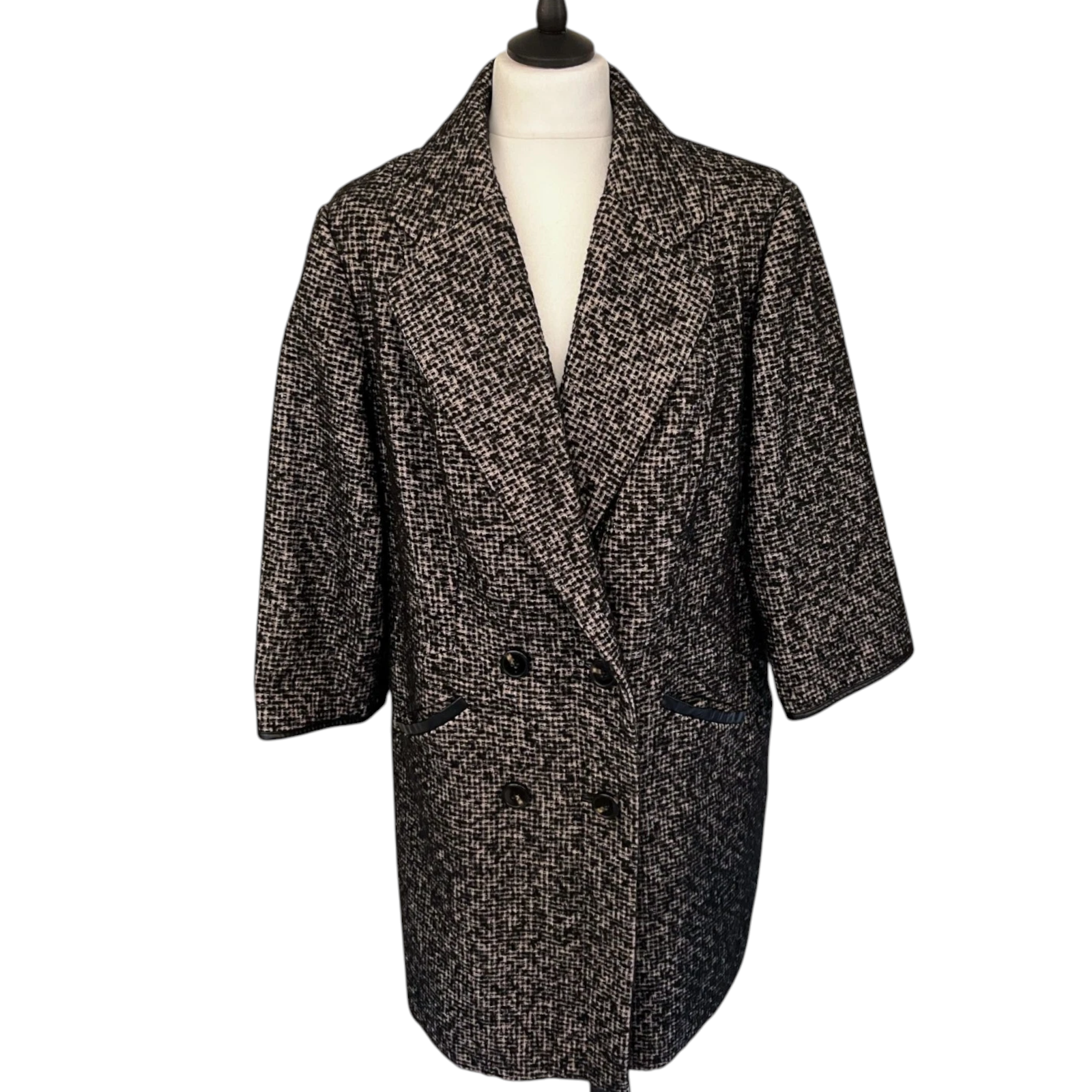 M&S Autograph Vintage Black Tweed Faux Leather Trim Coat UK 16
