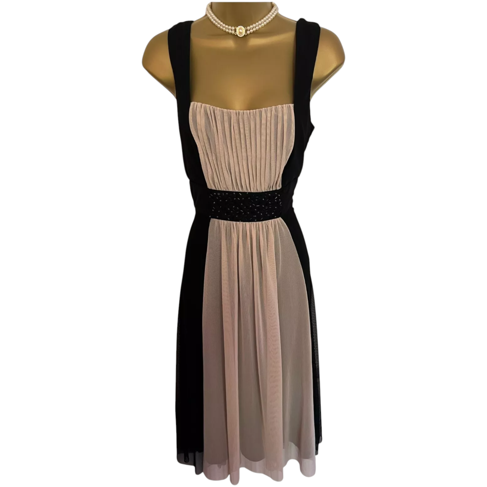 Teatro Black Nude Soft Mesh Beaded Dress UK 10