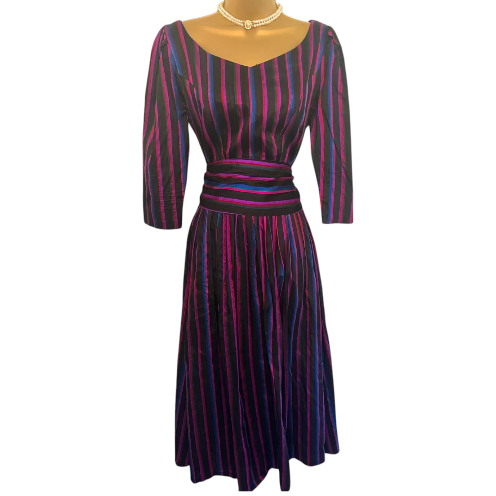 Monsoon Vintage 80's Multicoloured Silk Striped Fit Flare Dress UK 10/12
