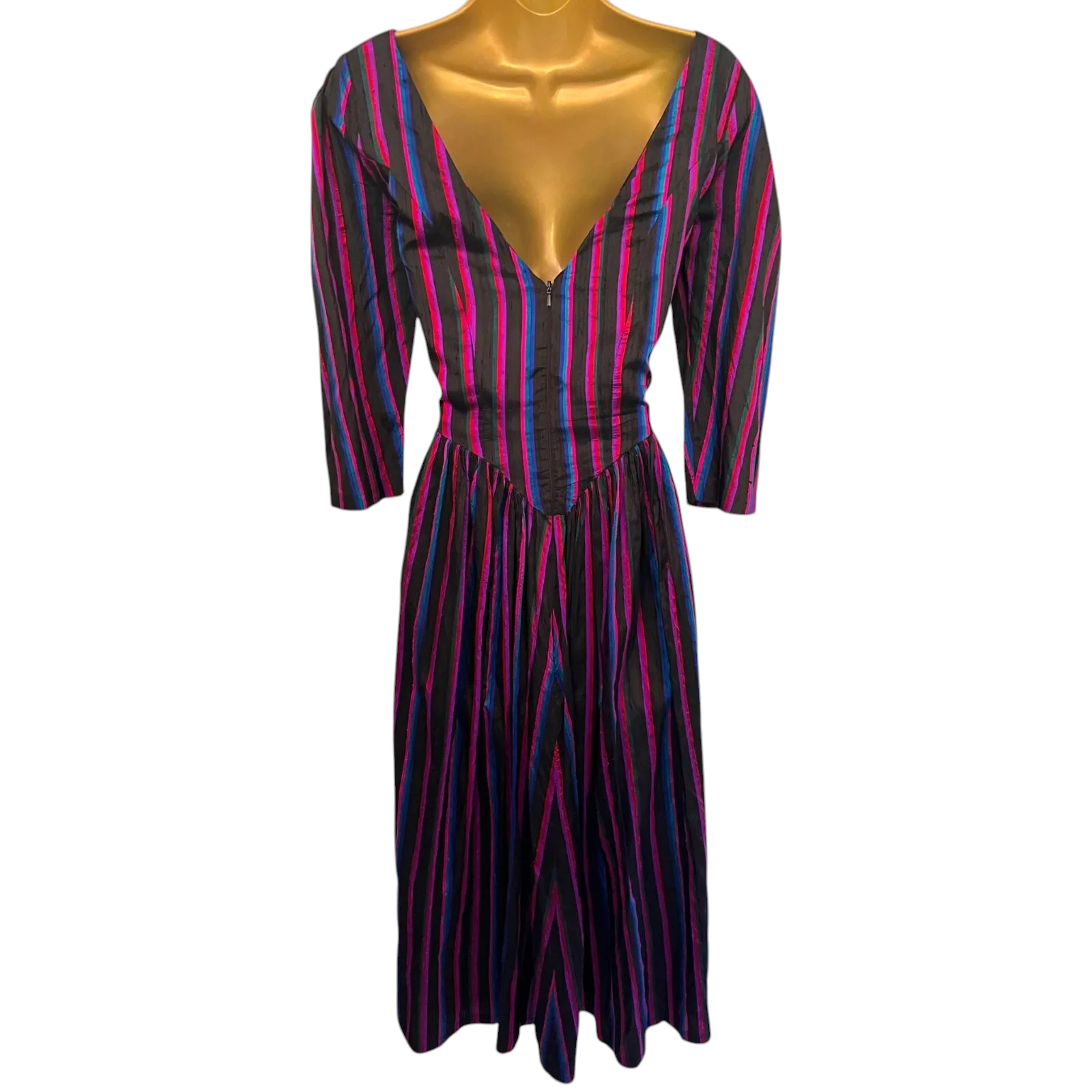 Monsoon Vintage 80's Multicoloured Silk Striped Fit Flare Dress UK 10/12