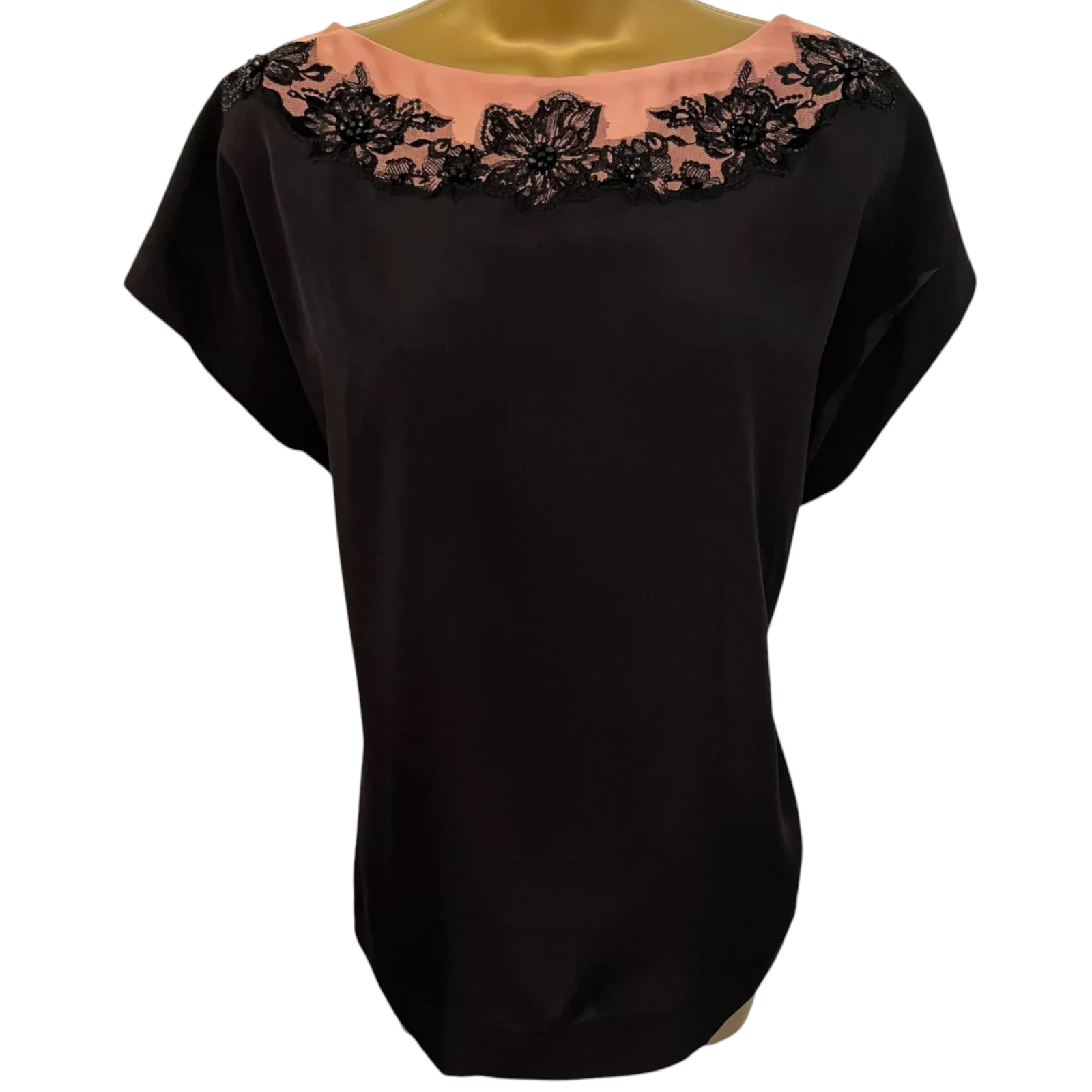 Monsoon Black Silky Floral Lace Beaded Top UK 14
