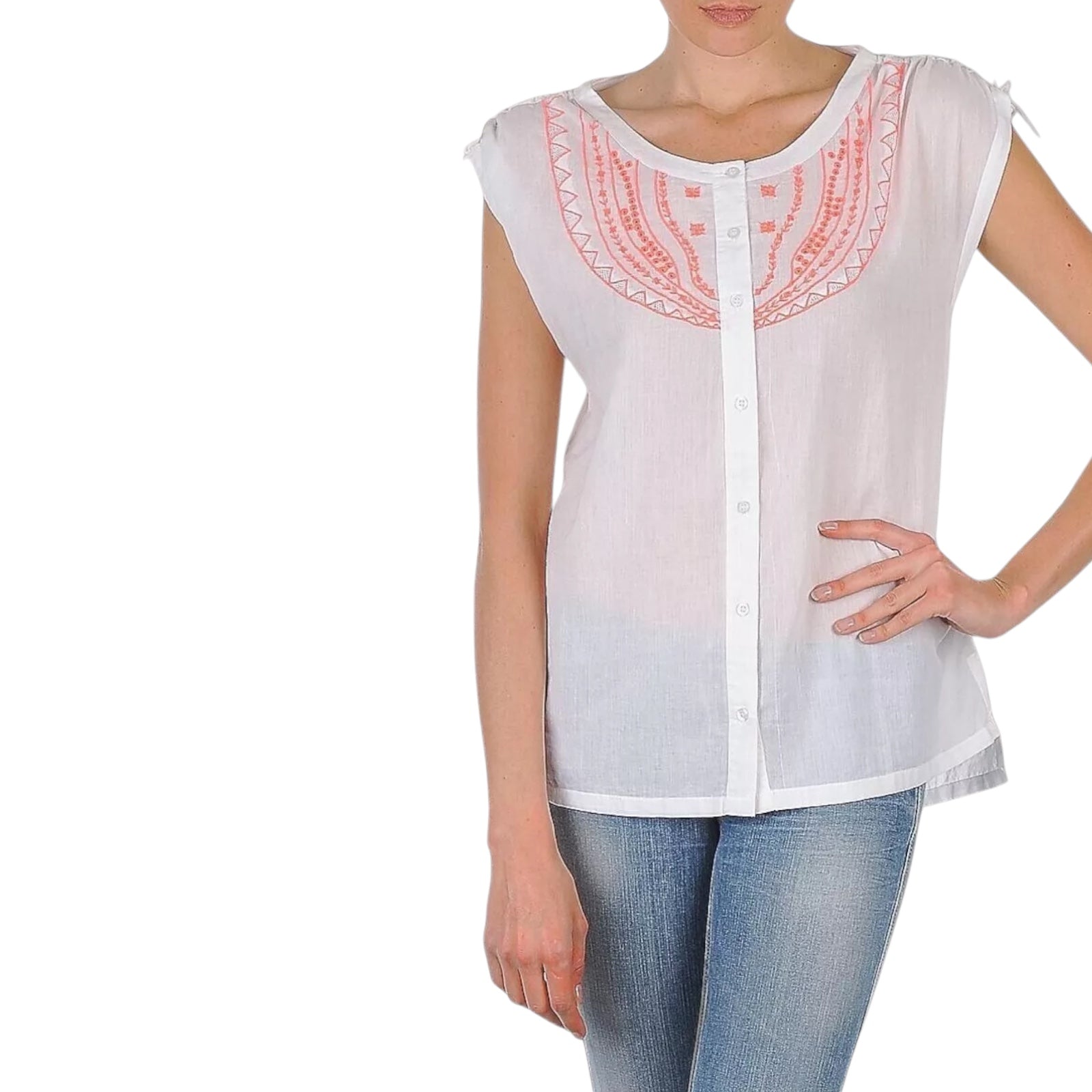 Antik Batik White Cotton Neon Coral Top UK 12