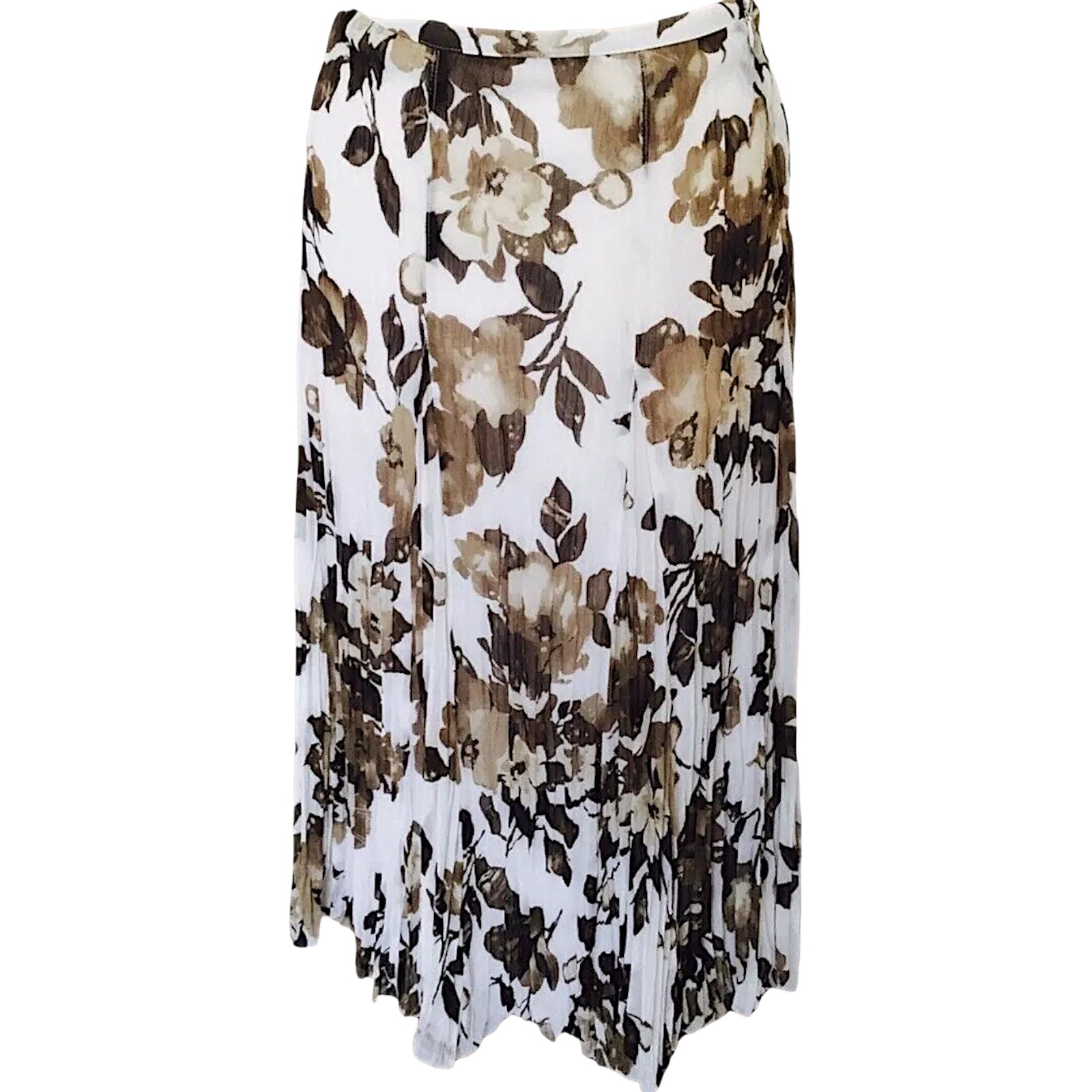 Basler Ivory & Brown Mix Crinkle Floral Midi Skirt UK 14