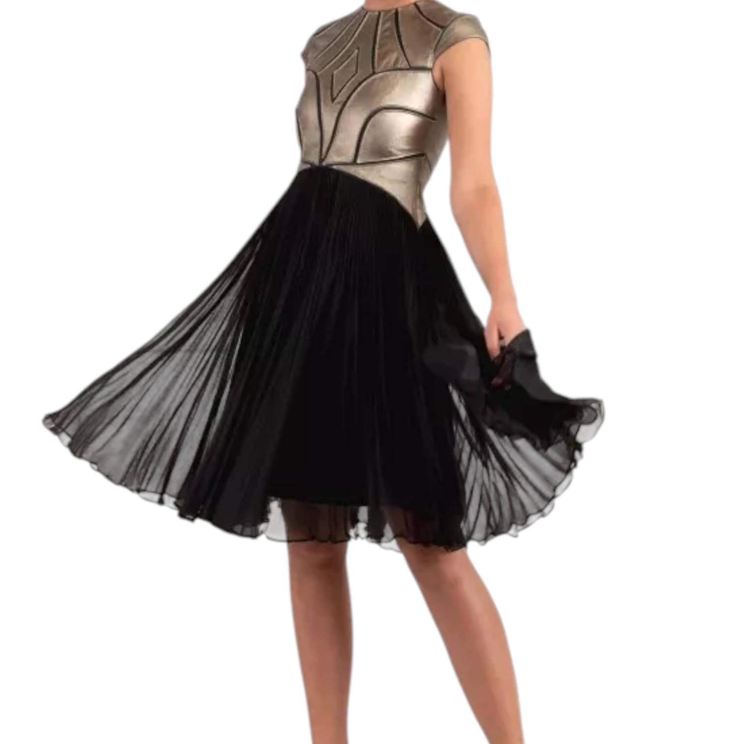 Catherine Deane Gold Leather Black Chiffon Pleated Dress UK 14