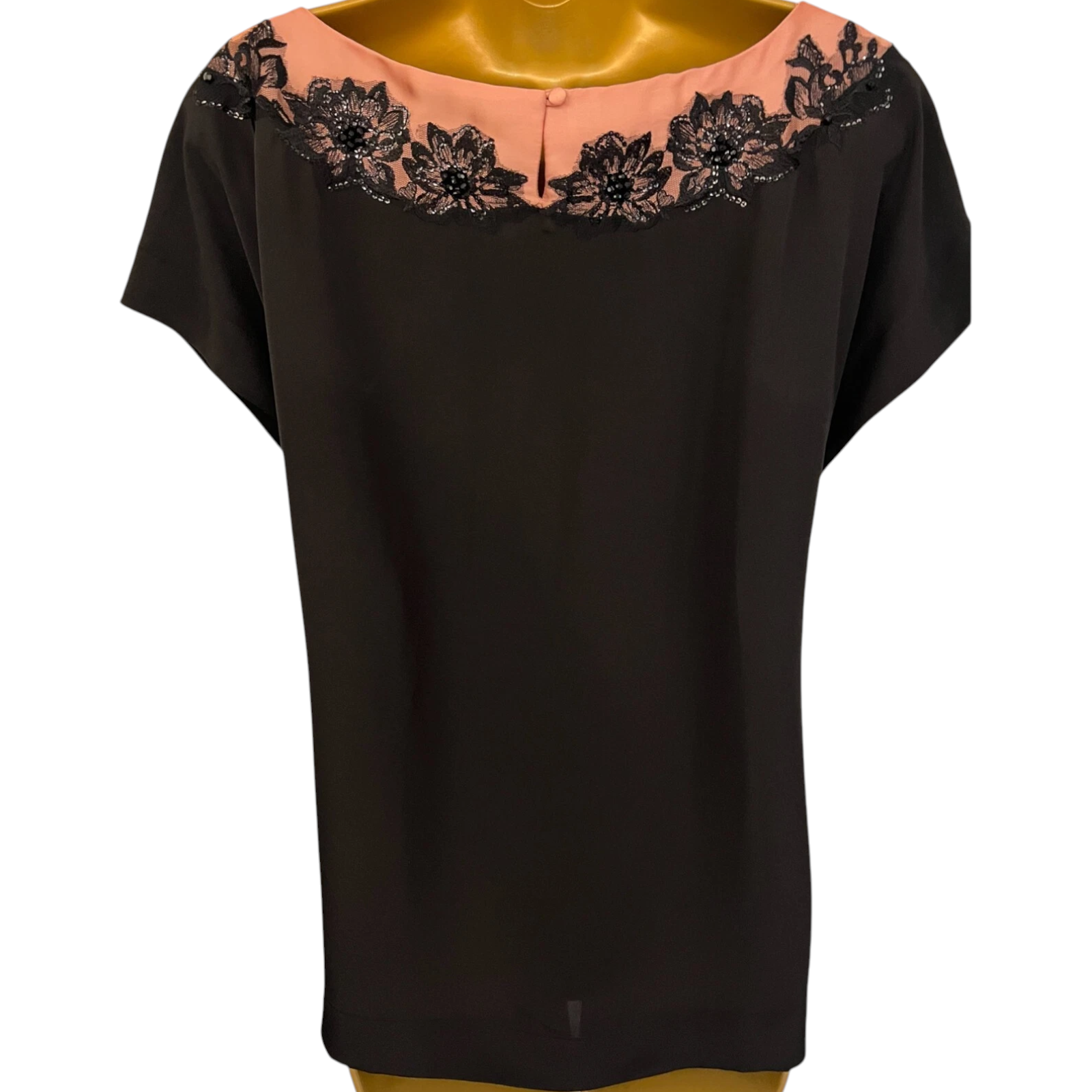 Monsoon Black Silky Floral Lace Beaded Top UK 14