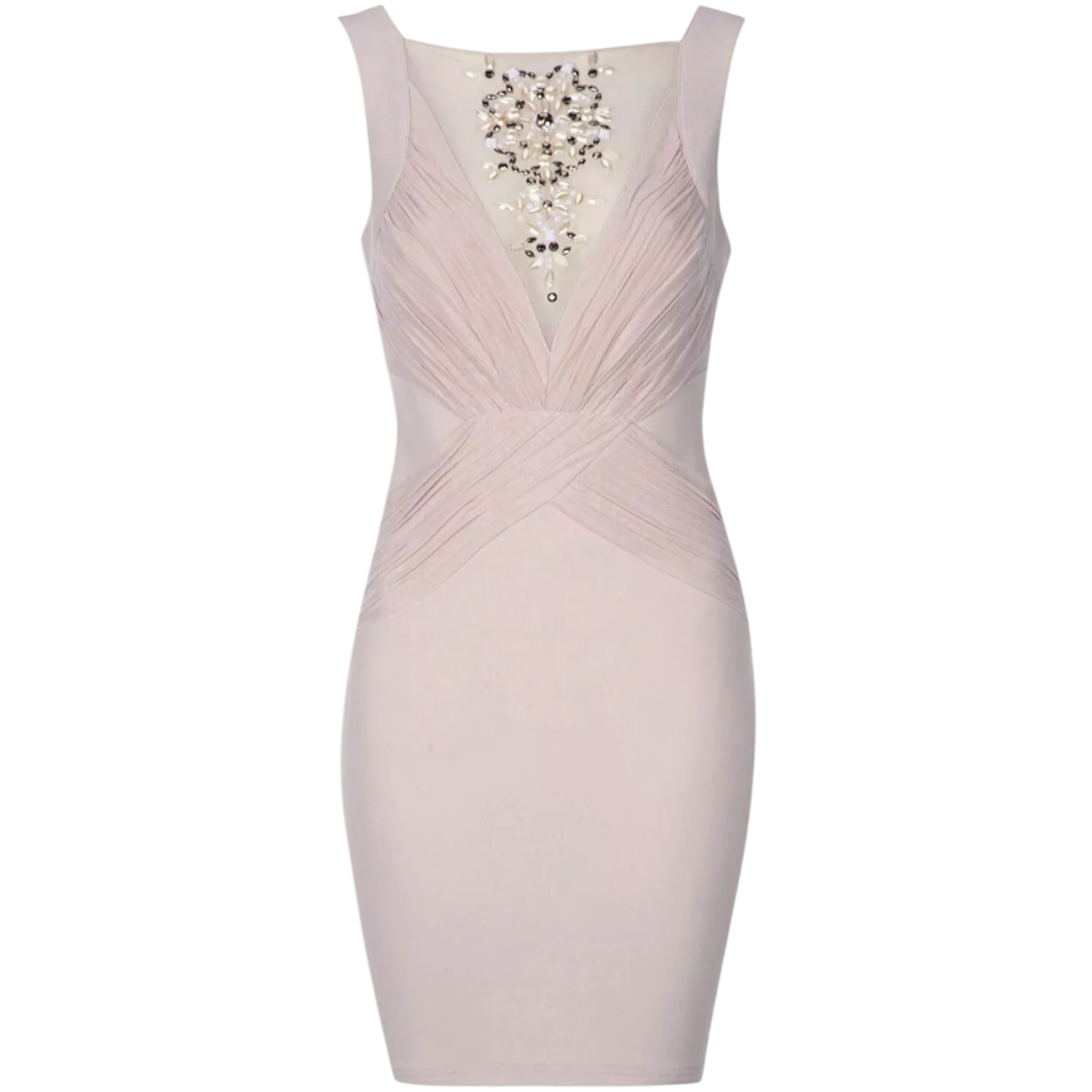 Lipsy Blush Ruched Mesh Beaded V Back Dress UK 10