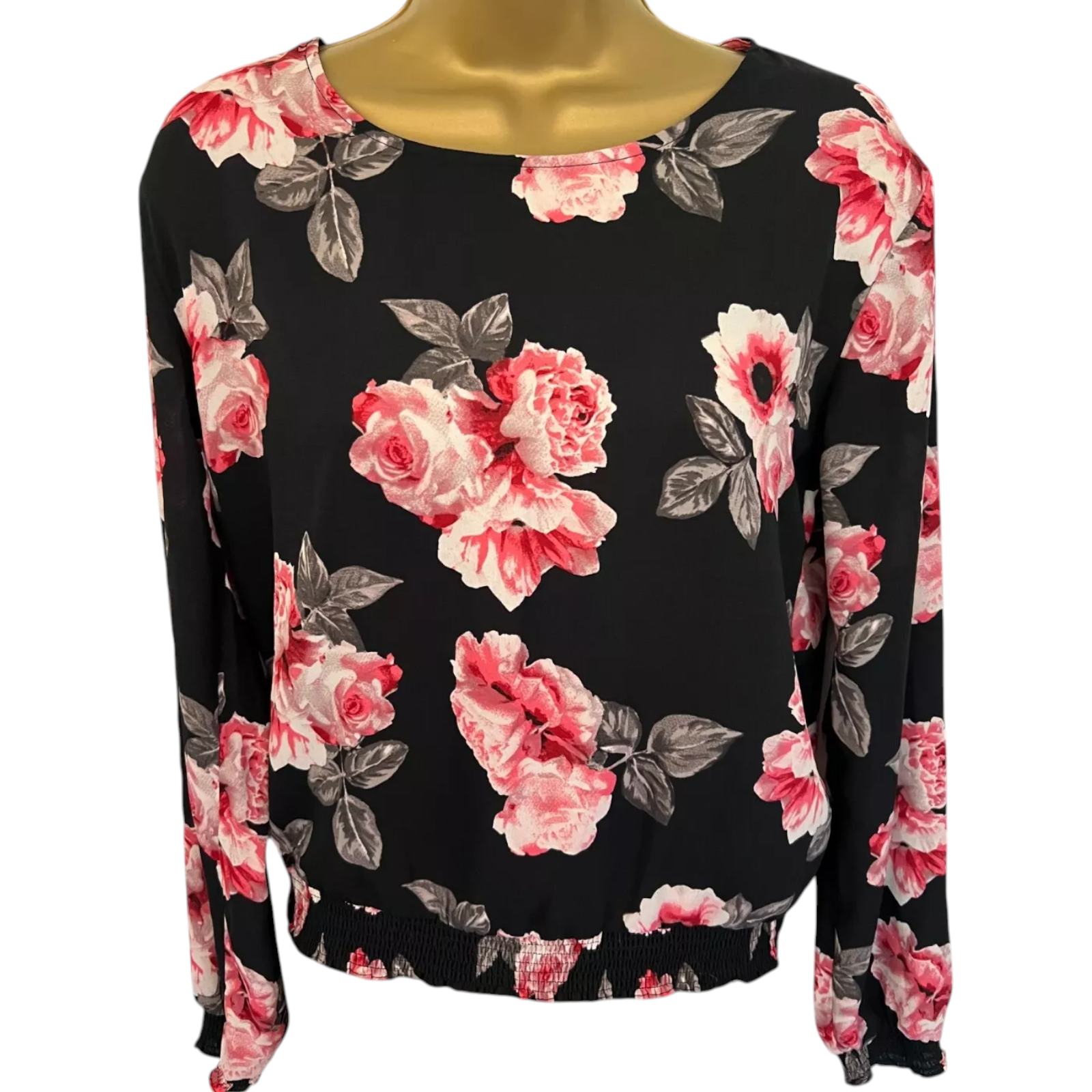 H&M Black Pink Chiffon Floral Long Top UK 8