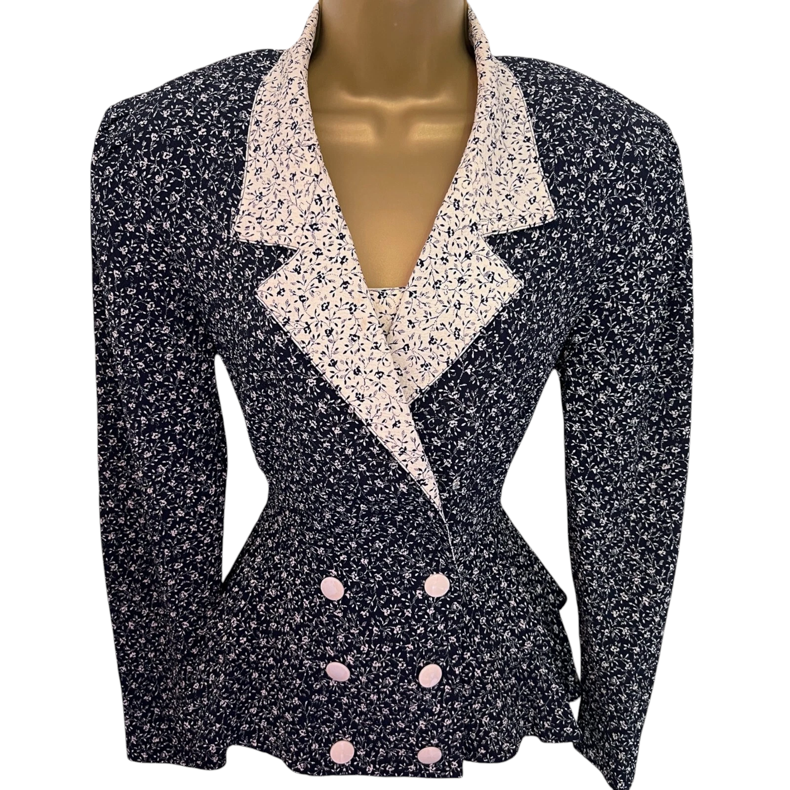 Fink Modell Vintage Navy & Ivory Floral Peplum Jacket UK 8