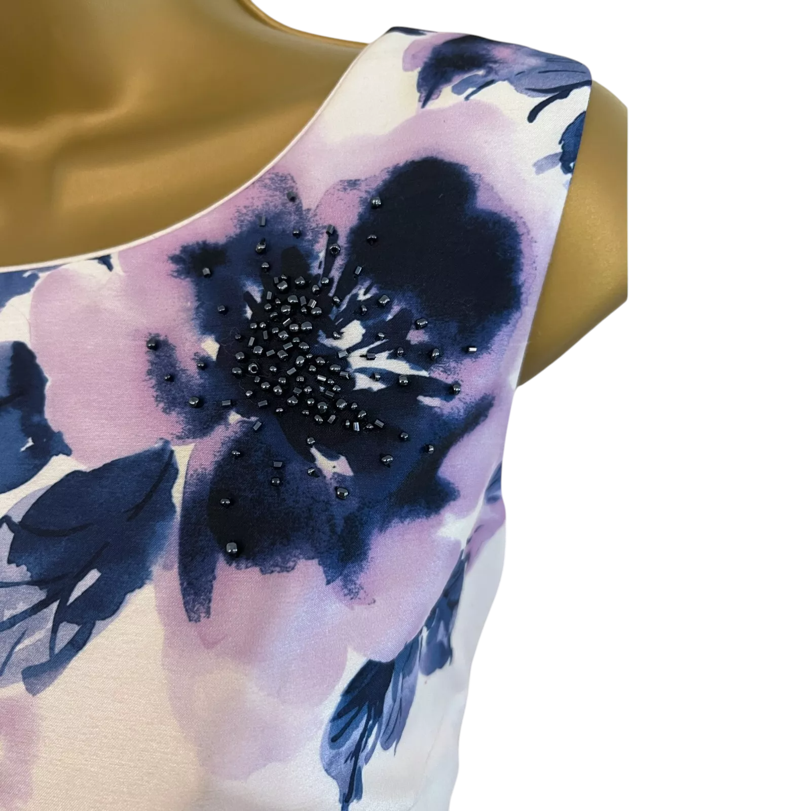 Jacques Vert Ivory Navy Lilac Floral Beaded Shimmer Dress UK 10