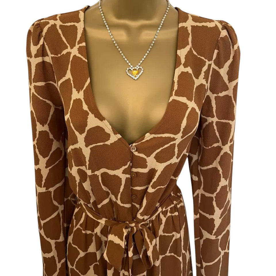 Monki Tan & Cream Giraffe Print Belted Dress UK 6