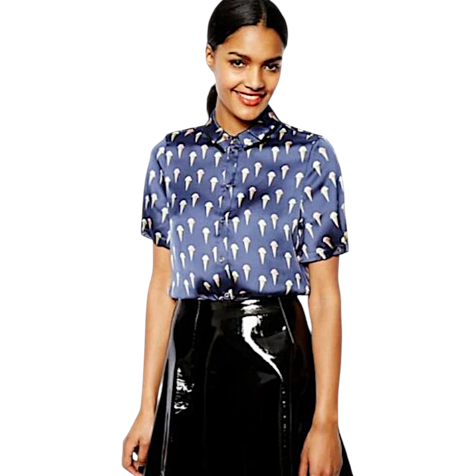 River Island Blue Ice Cream Print Silky Blouse UK 8