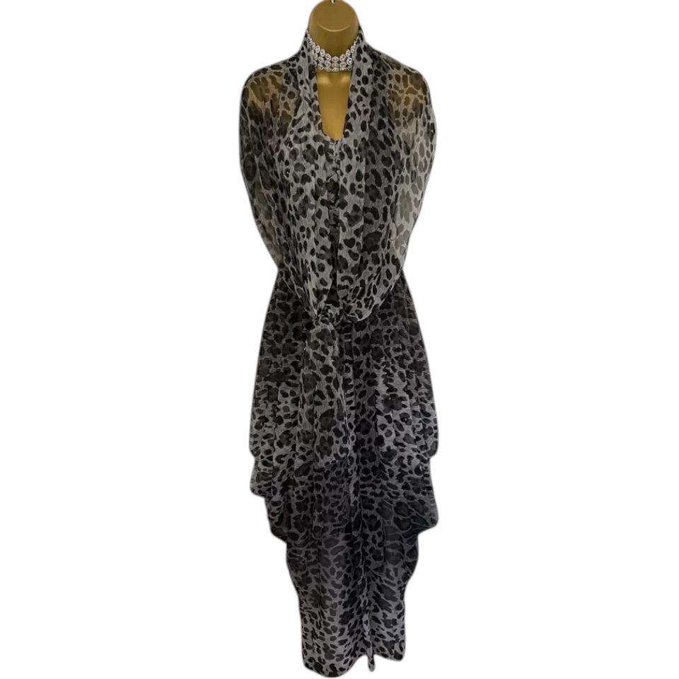 Vera Mont Black & Grey Chiffon Dress w Scarf UK 10