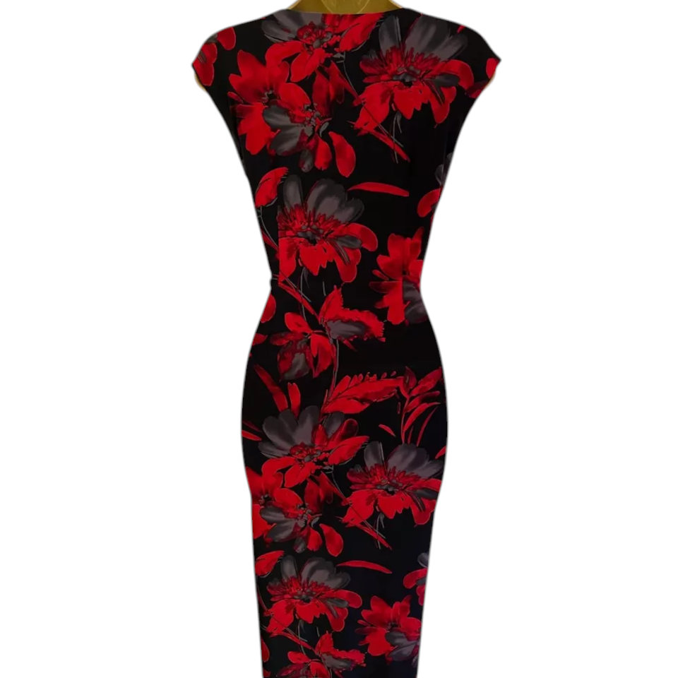 Precis Red Black Floral Sleeveless Silky Dress UK 10
