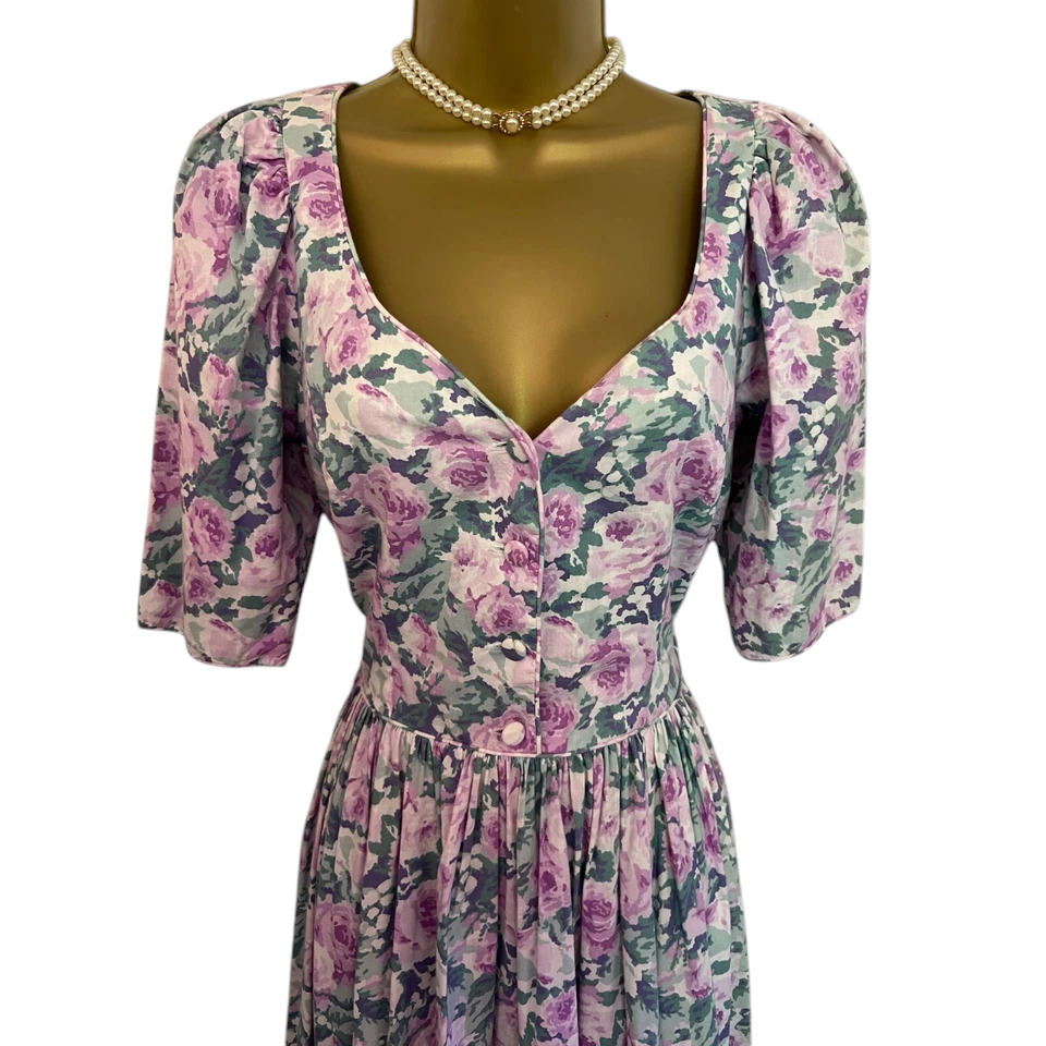 Laura Ashley Rare 1980 Vintage Cotton Floral Prairie Tea Dress UK 10