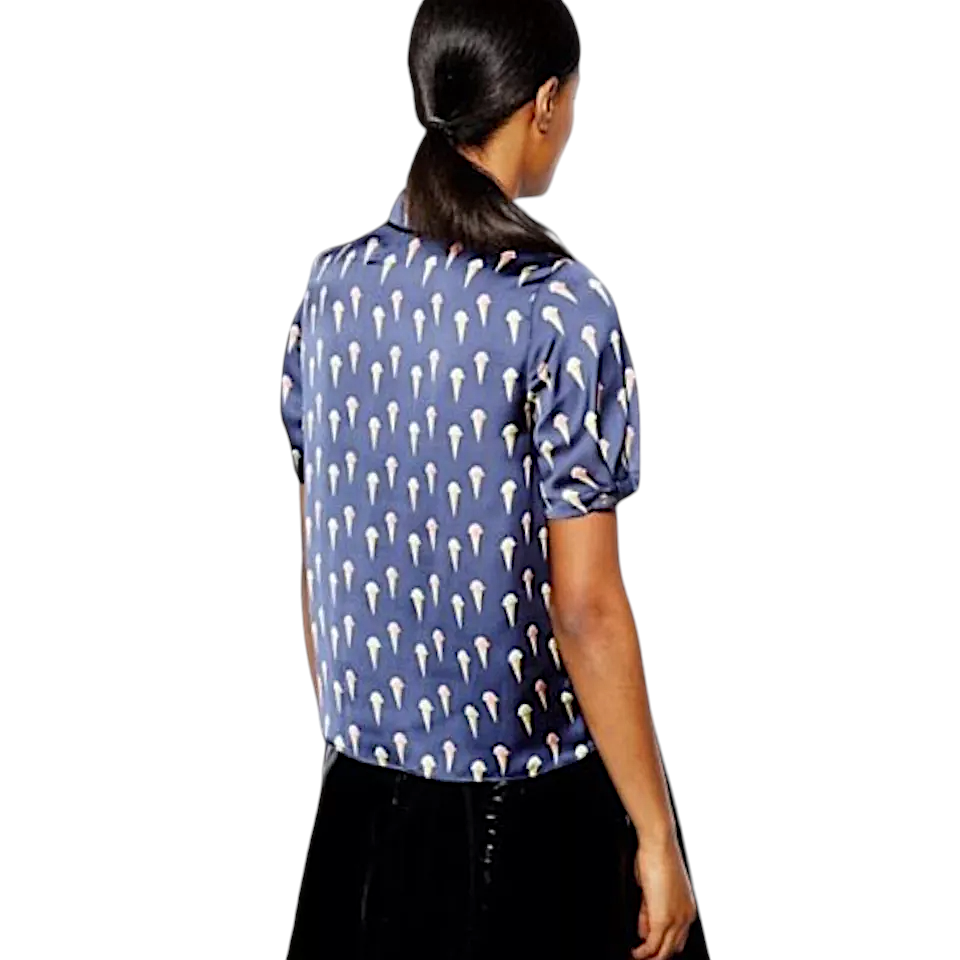 River Island Blue Ice Cream Print Silky Blouse UK 8