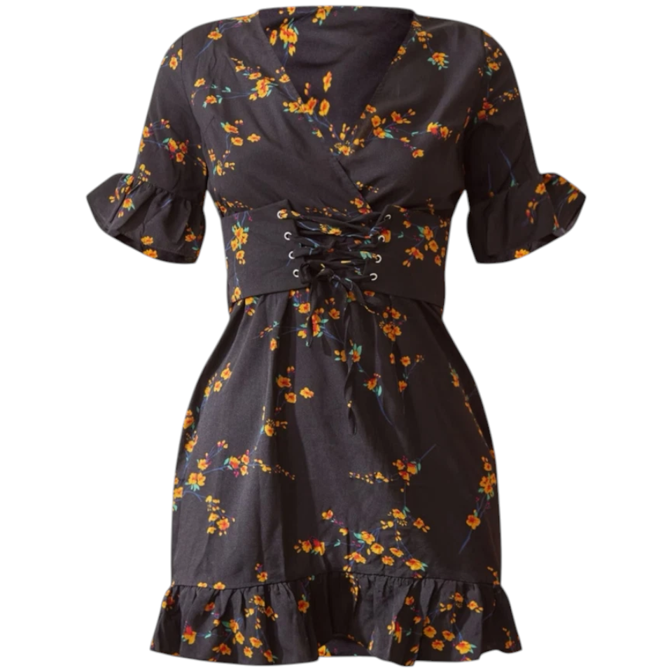 Pretty Little Thing Black Floral Corset Dress UK 8/10