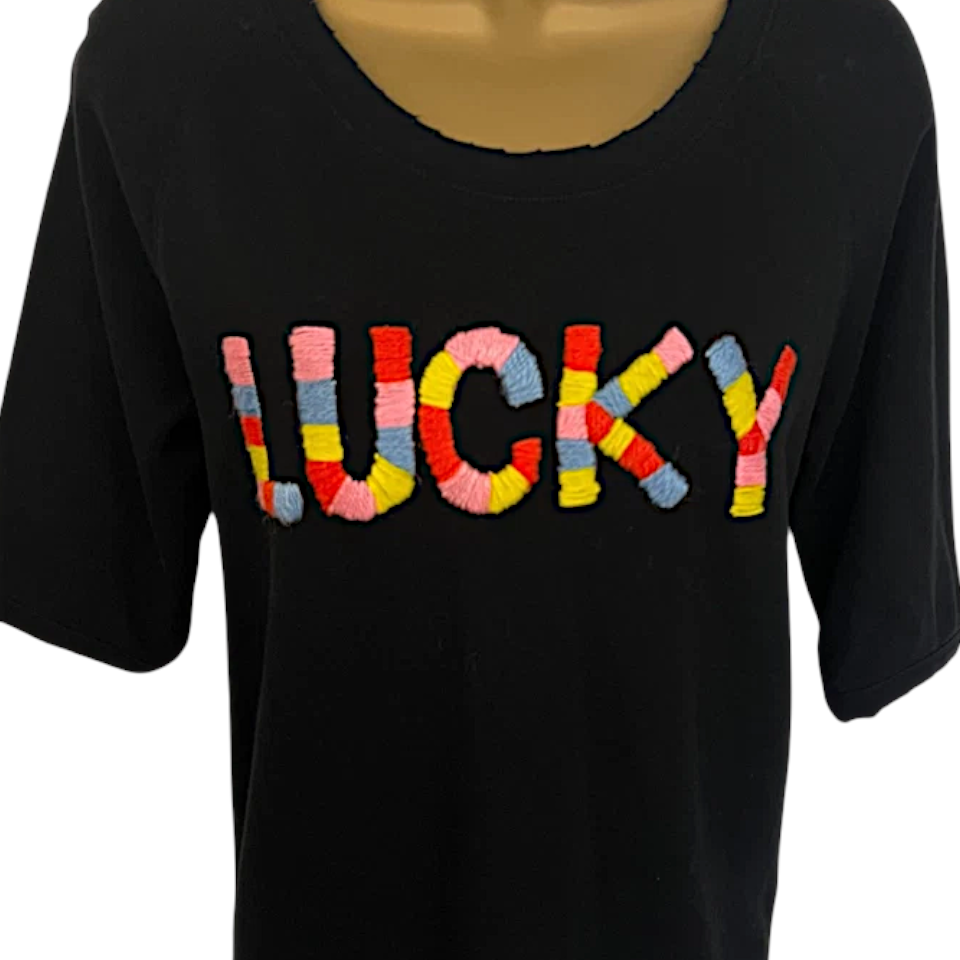 Hush Black Lucky Embroidered Cotton T-Shirt UK 8