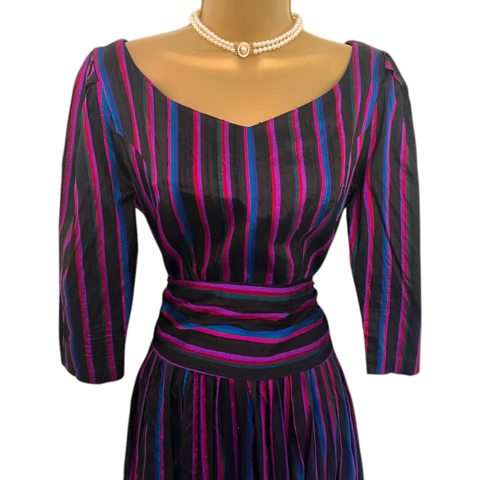 Monsoon Vintage 80's Multicoloured Silk Striped Fit Flare Dress UK 10/12