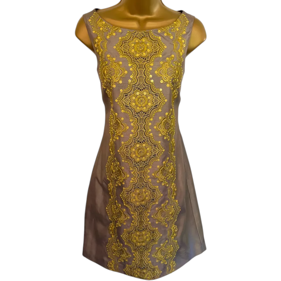 Monsoon Taupe Yellow Sequin Bead Sleeveless A-line Dress UK 8