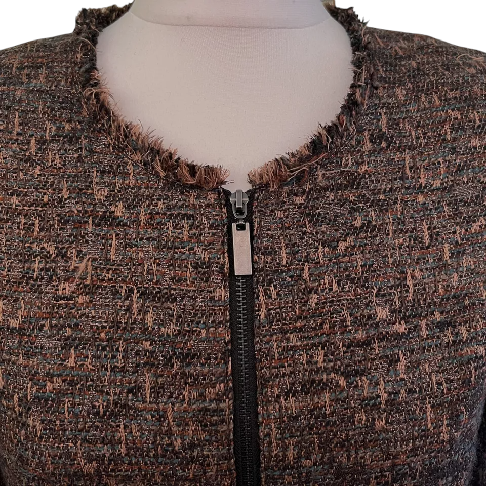 Gharani Strok Brown Tweed Frayed Zip Jacket  UK 12