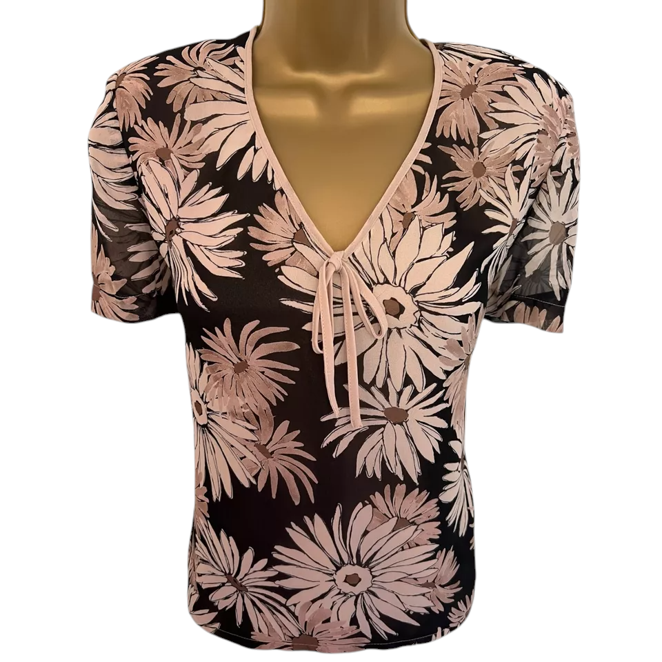 Jacques Vert Vintage Brown & Cream Floral Chiffon Top  UK 10