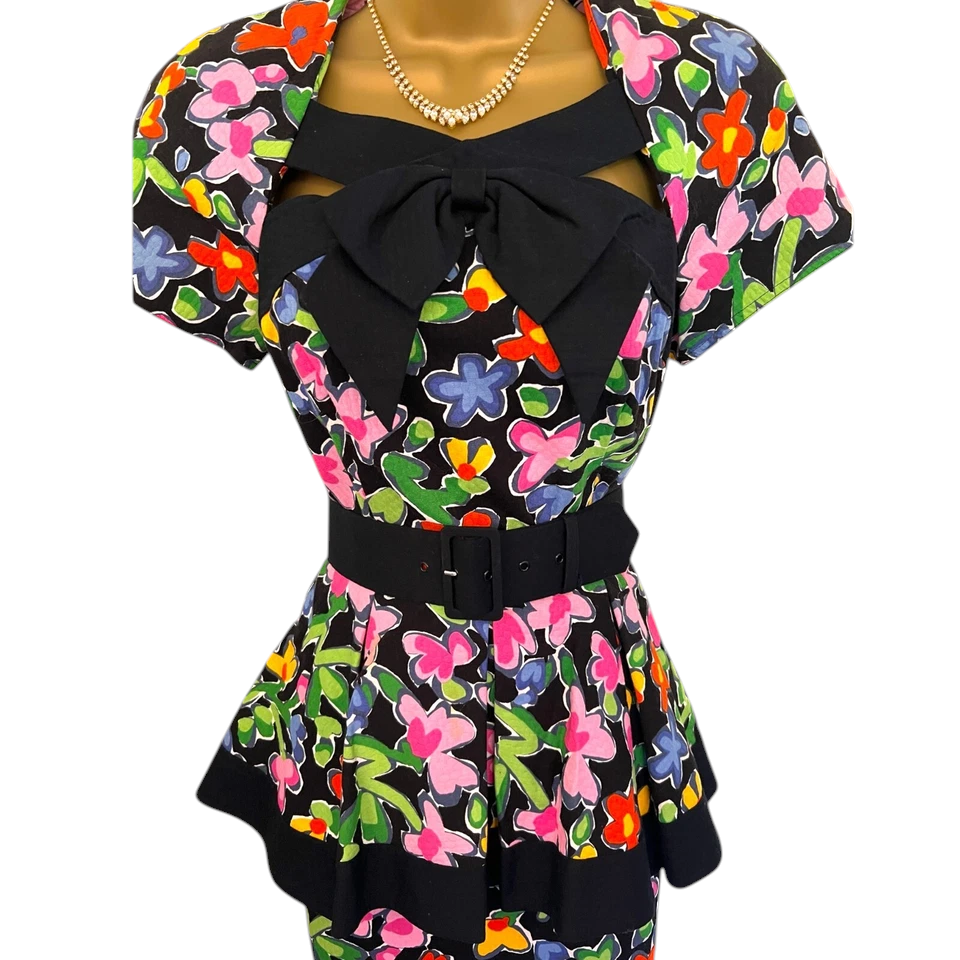 Simon Ellis Vintage Floral Dress Matching Hat 1980s  UK 10