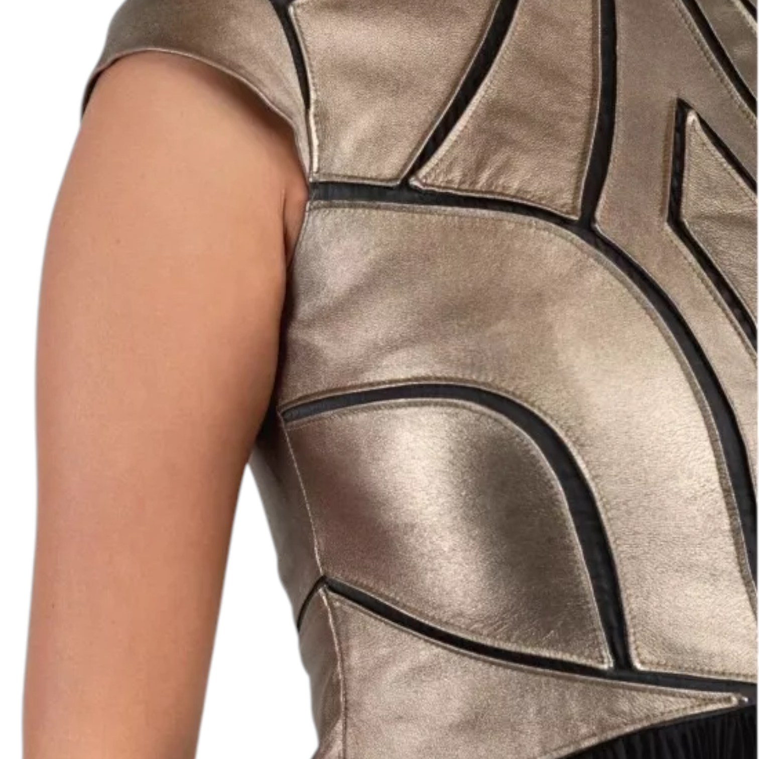 Catherine Deane Gold Leather Black Chiffon Pleated Dress UK 14