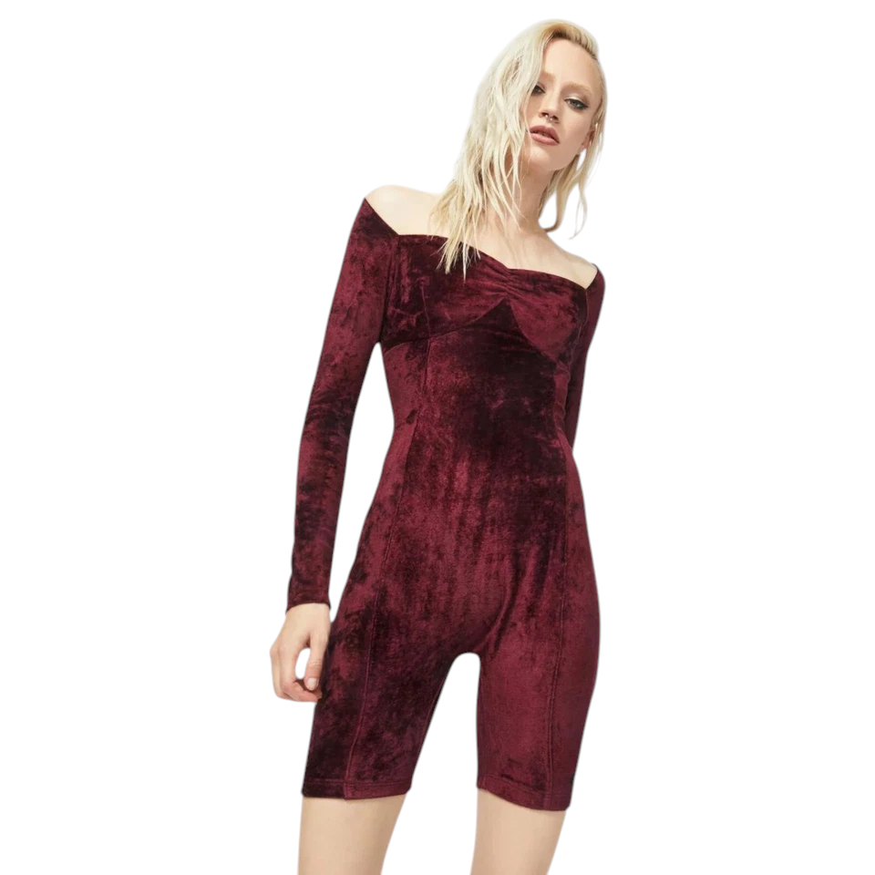 Criminal Damage Sweetheart Burgundy Velvet Unitard UK 10/12