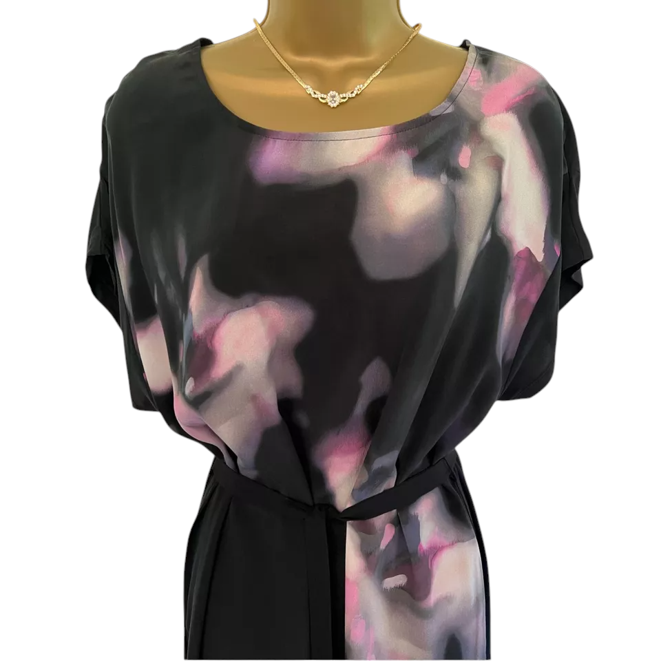 Monsoon Black & Pink Watercolour Floral Silk Dress UK 12