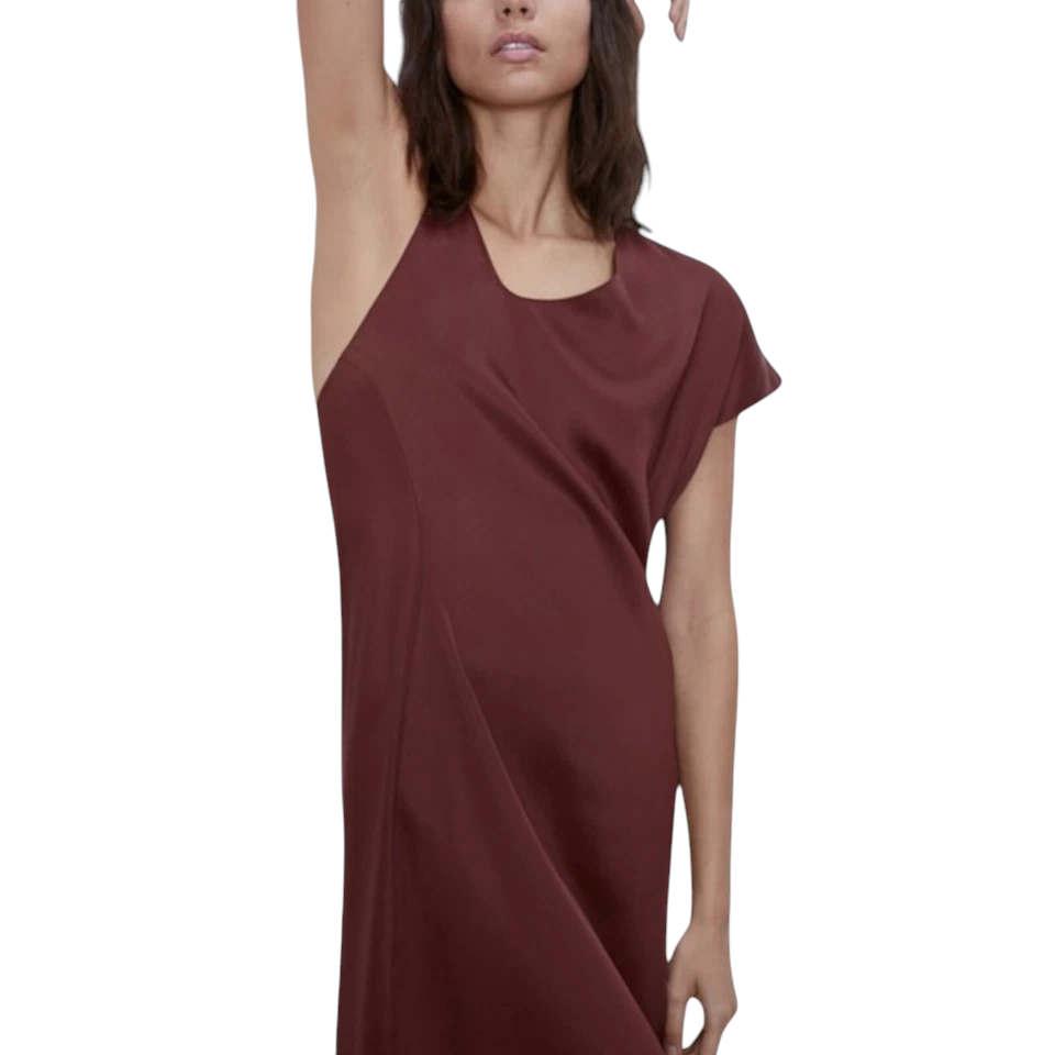 Zara Burgundy Asymmetrical Midi Silky Slip Dress UK 14