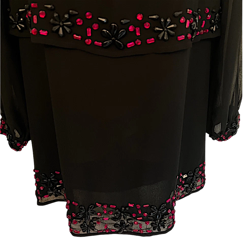 M&Co Black Chiffon Floral Gem Overlay Shift Long Sleeve Dress UK 8