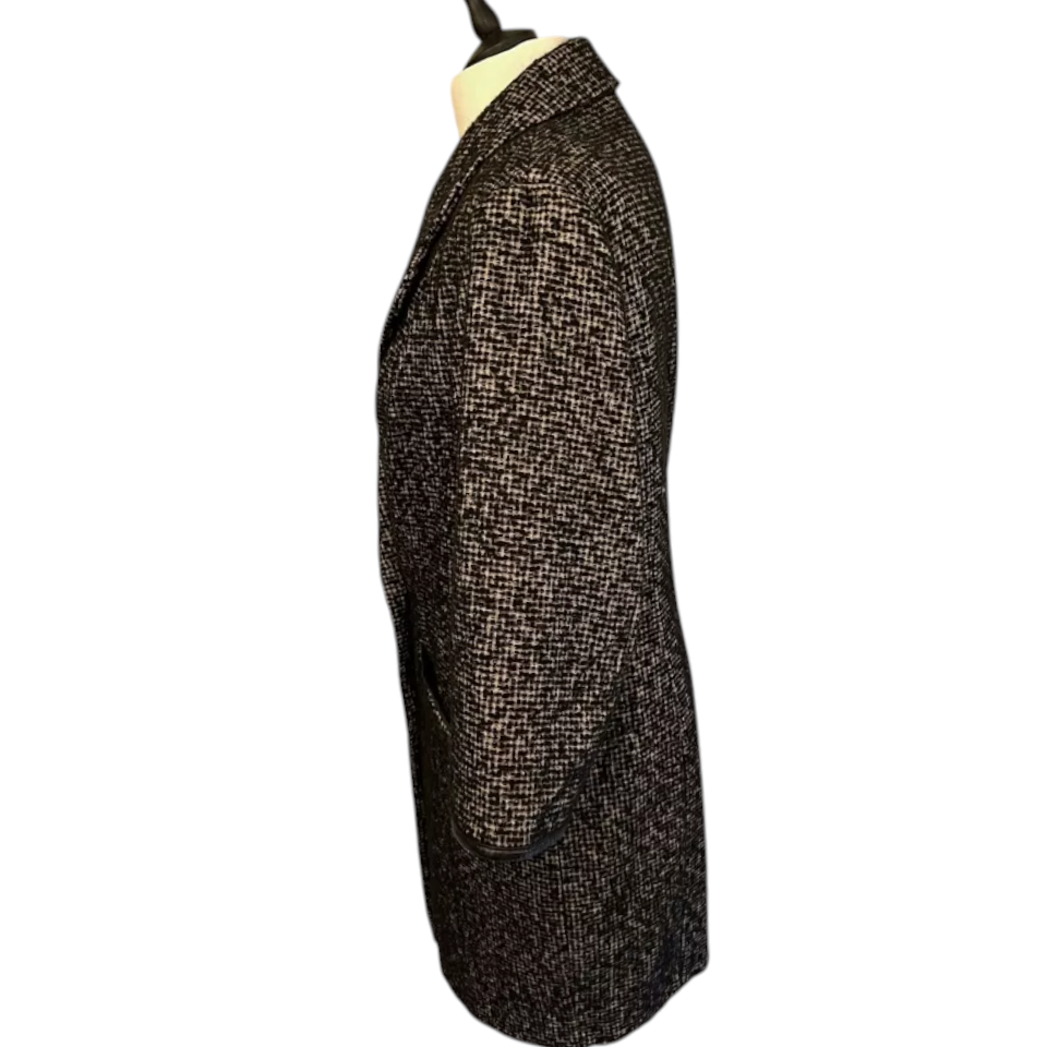 M&S Autograph Vintage Black Tweed Faux Leather Trim Coat UK 16