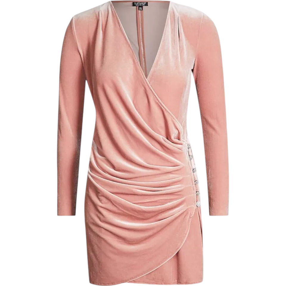 TopShop Dusky Pink Velvet Ruched Mini Dress  UK 10