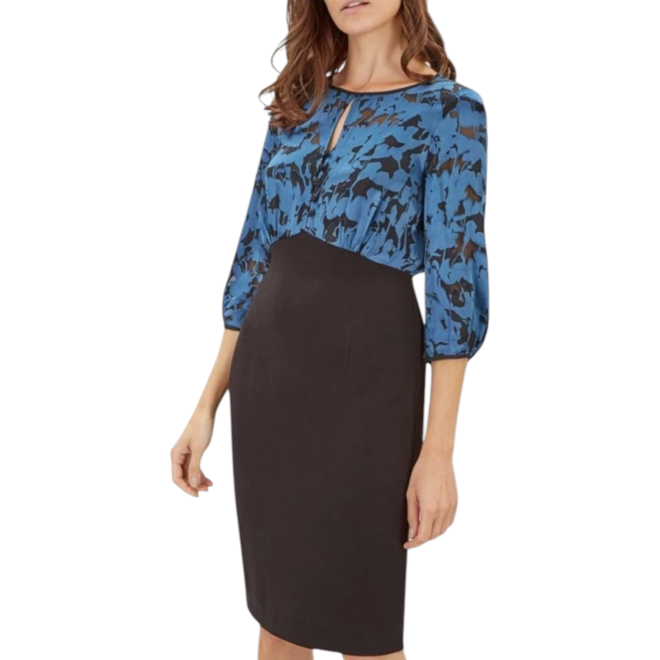 Jaeger Blue & Black Floral Silk Devore Dress UK 6