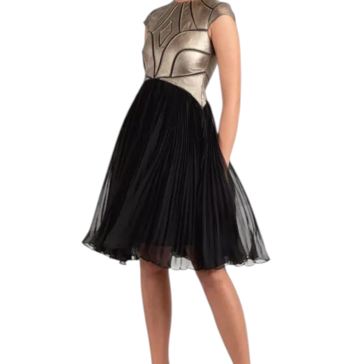 Catherine Deane Gold Leather Black Chiffon Pleated Dress UK 14