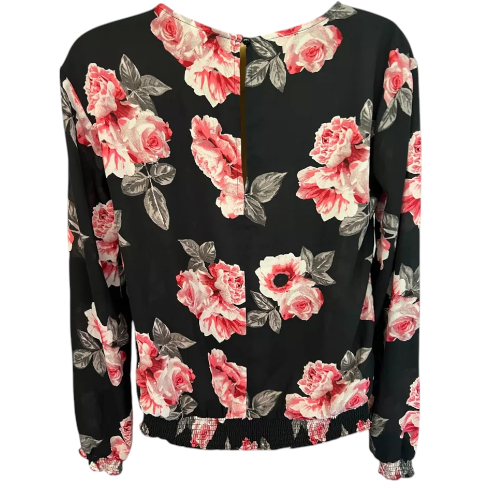 H&M Black Pink Chiffon Floral Long Top UK 8