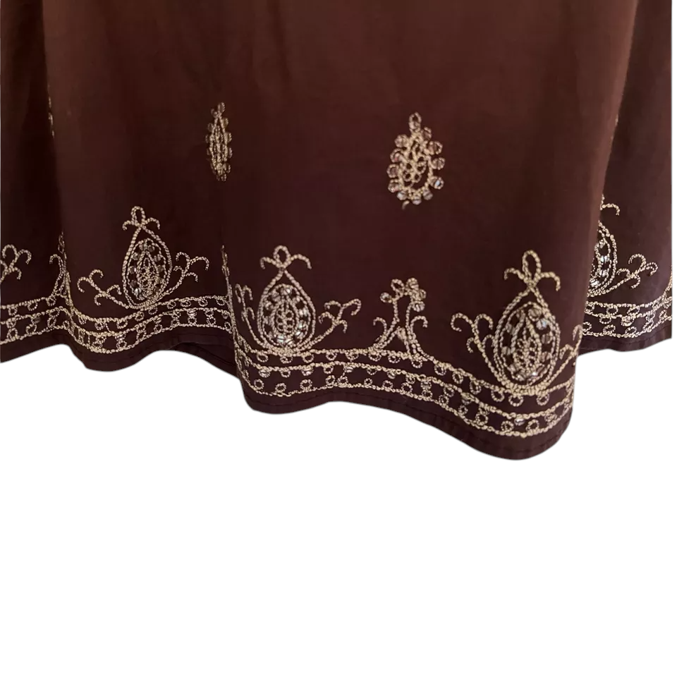 E-vie Vintage Y2K Brown Cotton Silver Embroidered Skirt UK 10