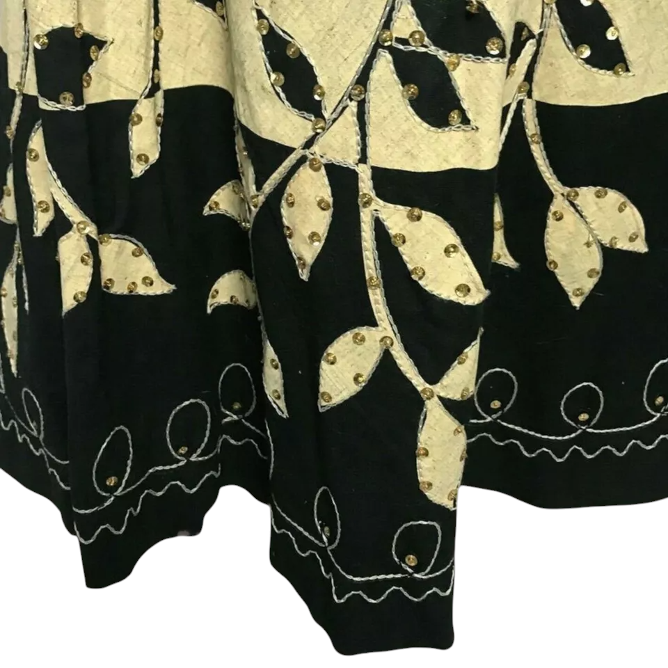 RED Black Beige Leaf Print Sequin Linen Skirt UK 12