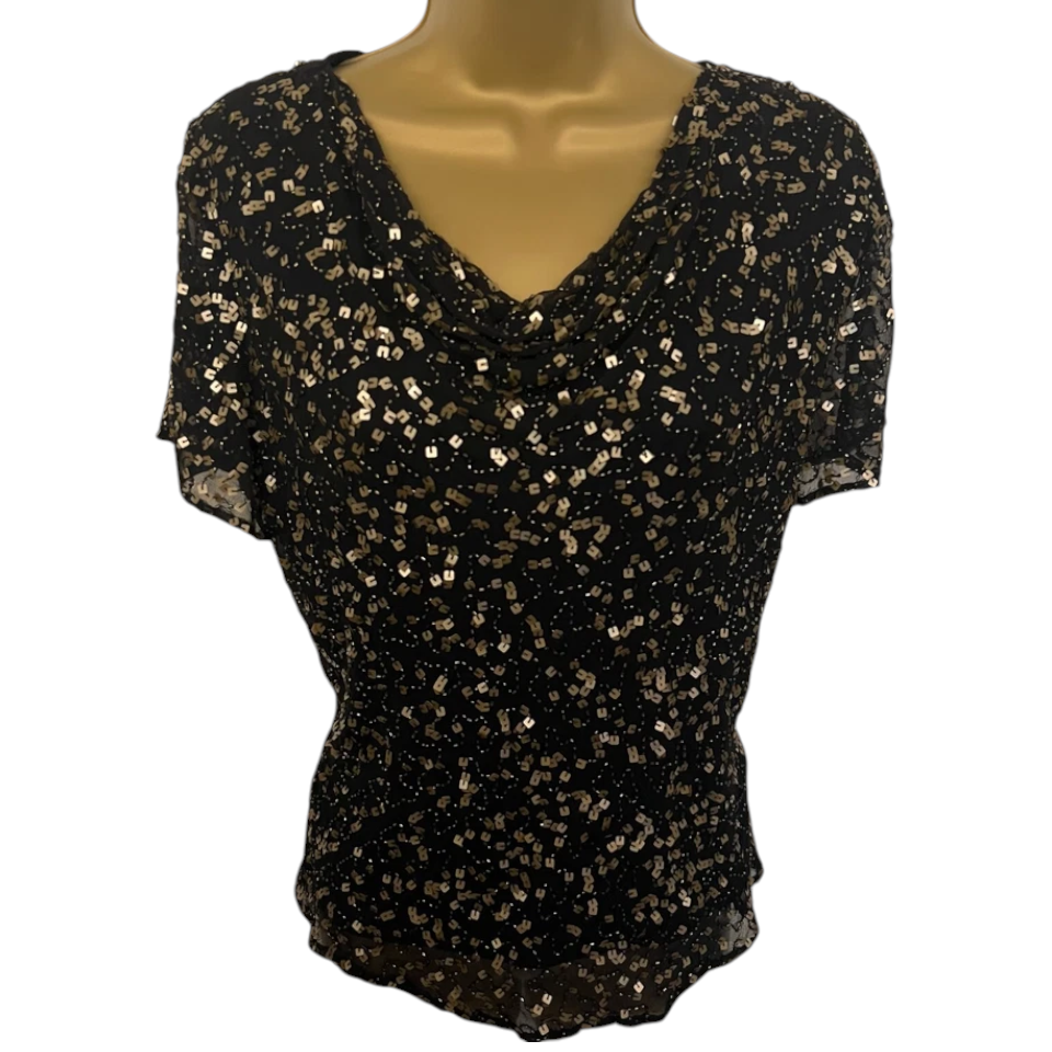 Jacques Vert Black Brown Sequin Silk Top UK 12