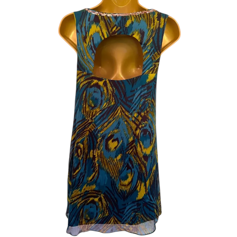 Monsoon Petite Teal Silk Peacock Feather Bronze Sequin Dress UK 6