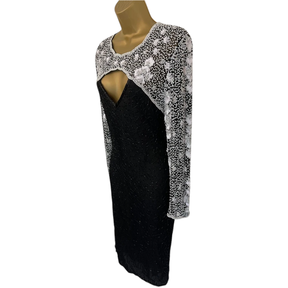 Laurence Kazar Vintage Black & White Beaded Dress 1980 UK 12